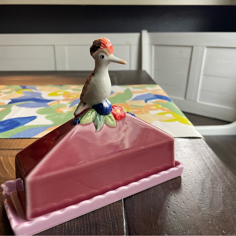Anthropologie Pink Ceramic Bird Butter Dish